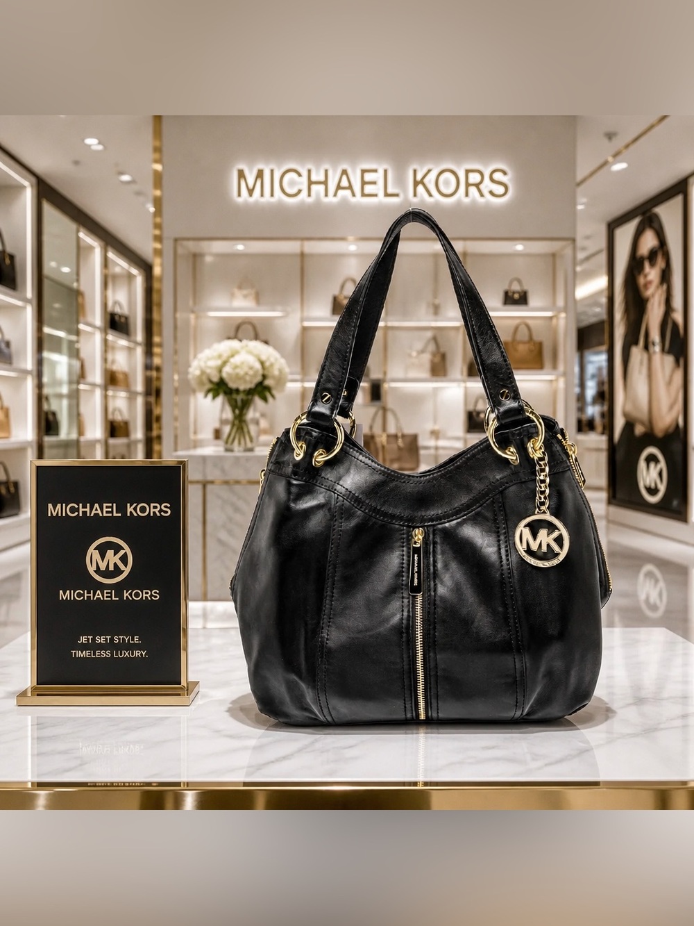 EUC  Michael Kors Moxley Black Leather Gold Zippers Details Shoulder Bag 🍒